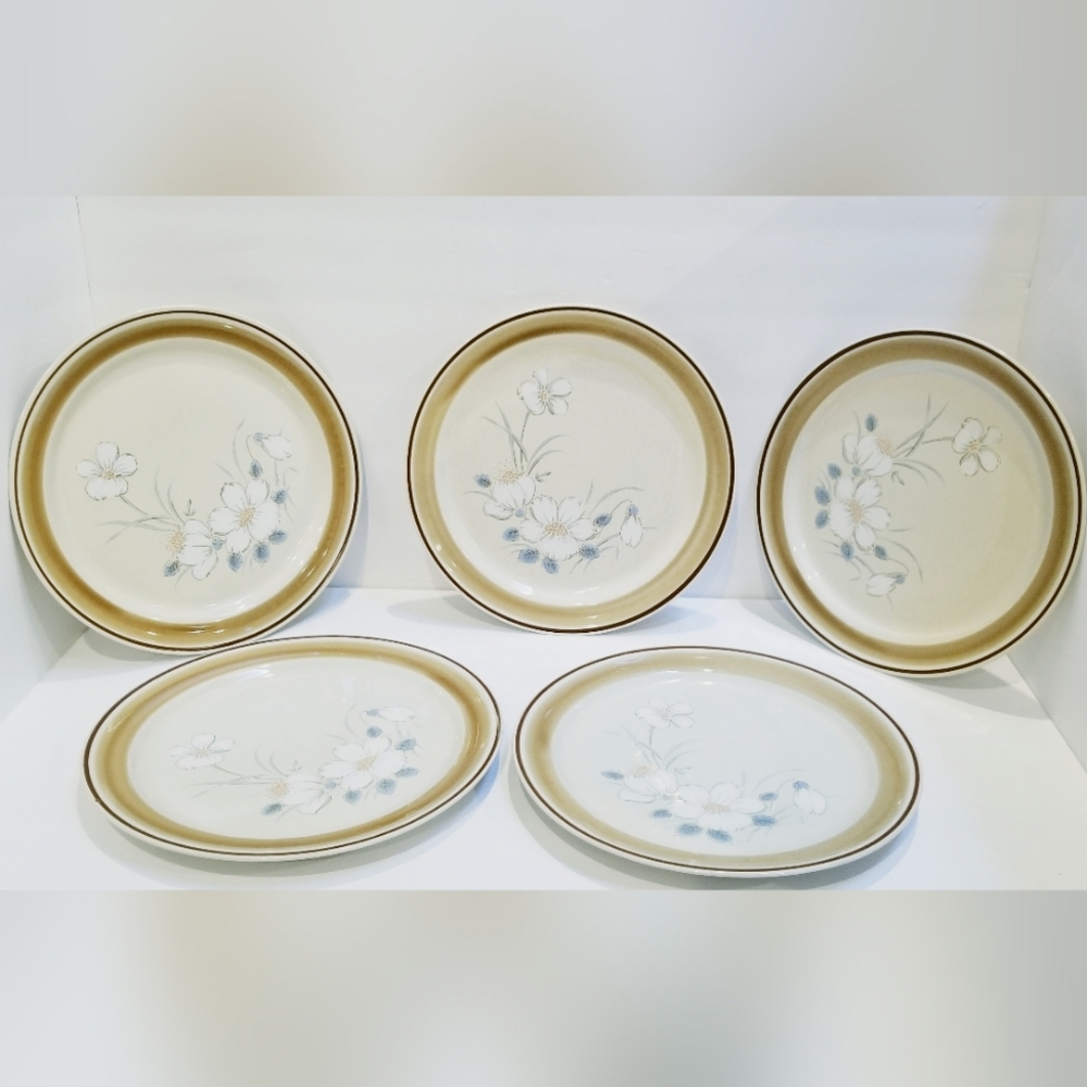 Vintage WATER COLORS DAWN STONEWARE White Floral Dinner Plates by Hearthside